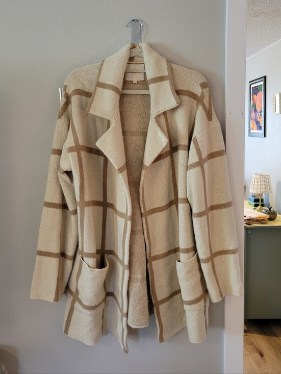 Thread & Supply Sweaters - Thread & Supply Cream and Tan Open Front Plaid Cardigan Sweater - LARGE